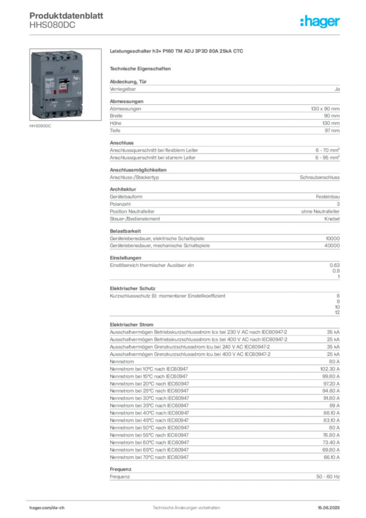 Bild Hager Produktdatenblatt HHS080DC | Hager Schweiz