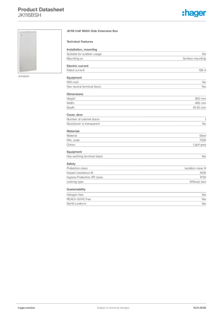 Image Hager Product data sheet JK116BSH  | Hager