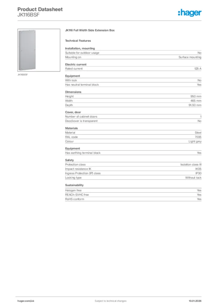 Image Hager Product data sheet JK116BSF  | Hager