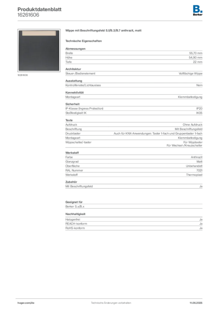 Bild Berker Produktdatenblatt 16261606 | Hager Deutschland