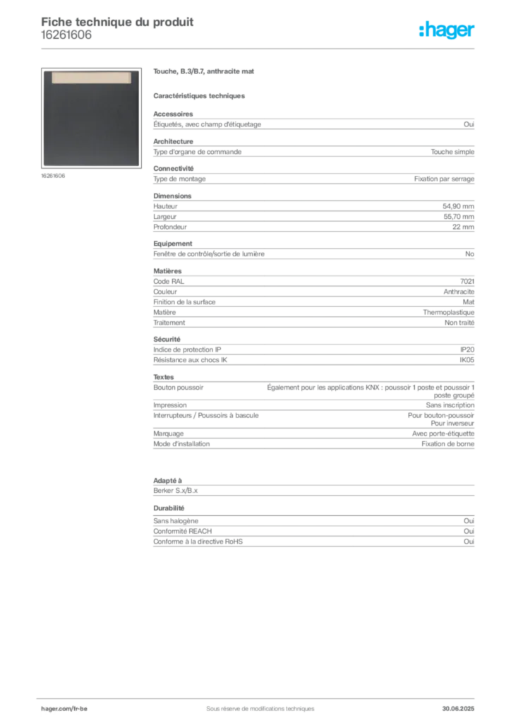 Image Hager Fiche technique du produit 16261606 | Hager Belgique