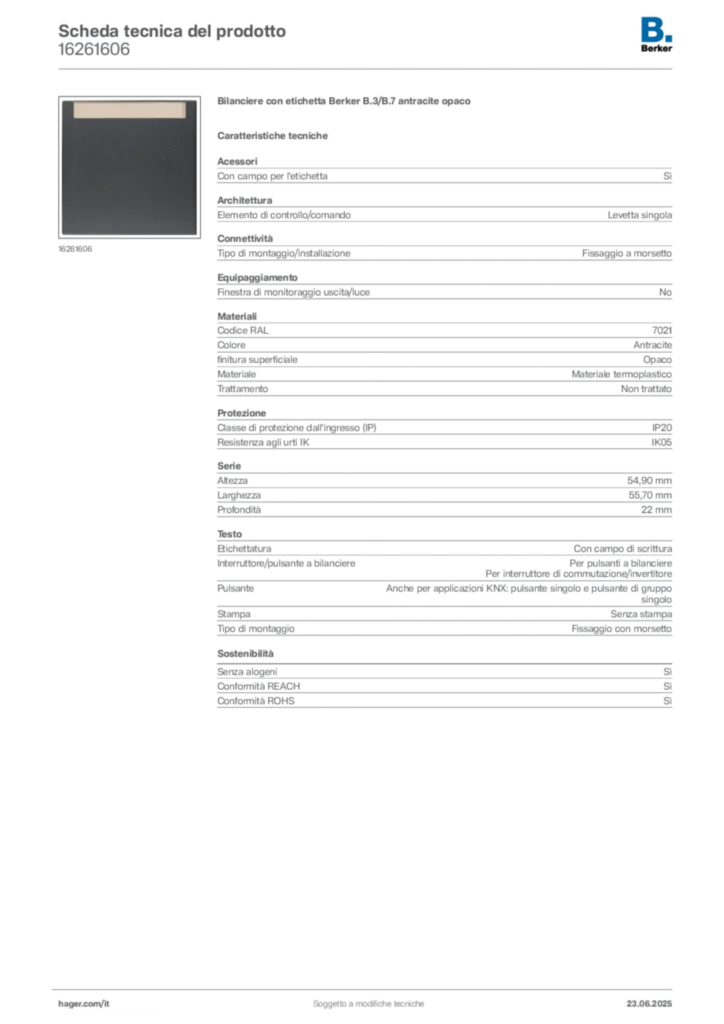 Immagine Berker Scheda tecnica del prodotto 16261606 | Hager Italia
