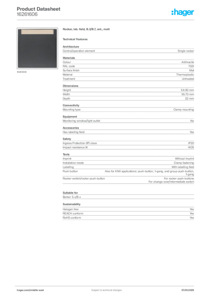 Image Hager Product data sheet 16261606  | Hager