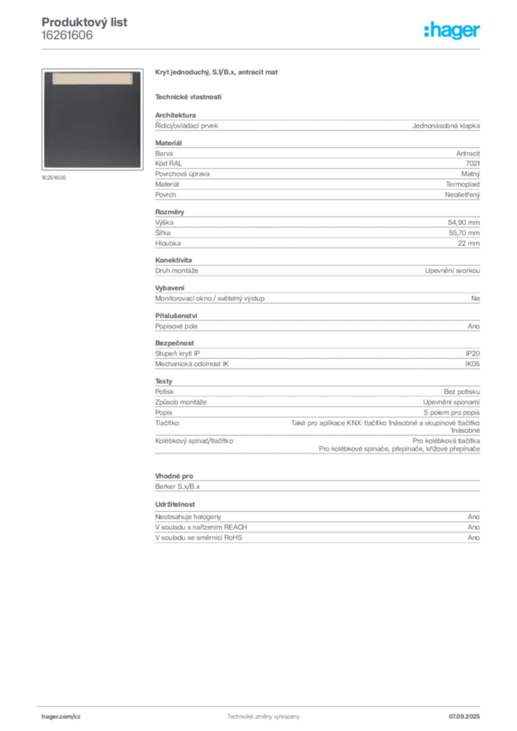 Obrázek Hager Produktový list 16261606 | Hager
