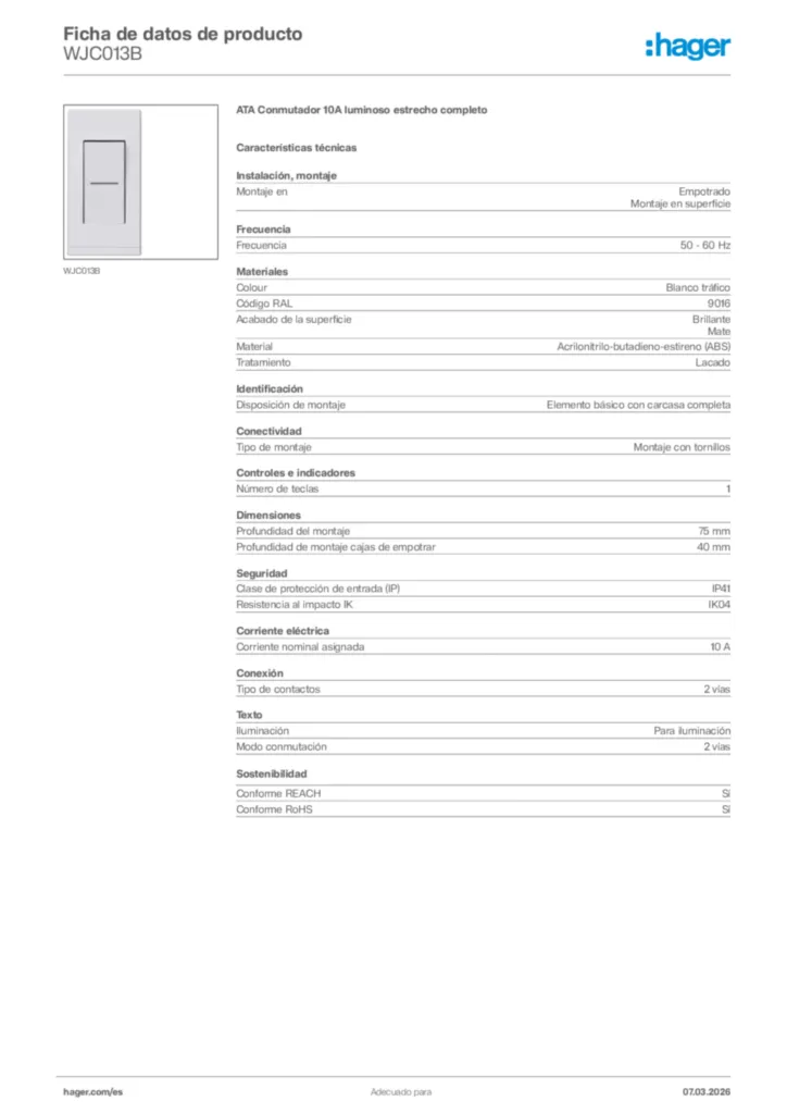Imagen Hager Ficha de datos de producto WJC013B | Hager España