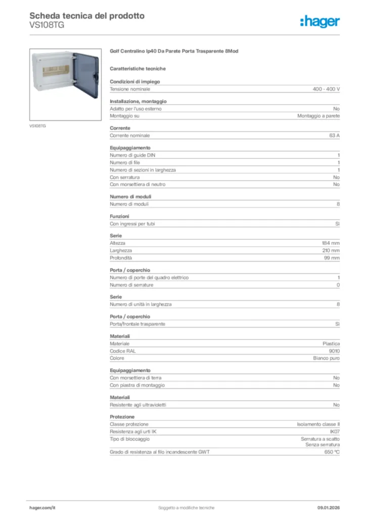 Immagine Hager Scheda tecnica del prodotto VS108TG | Hager Italia
