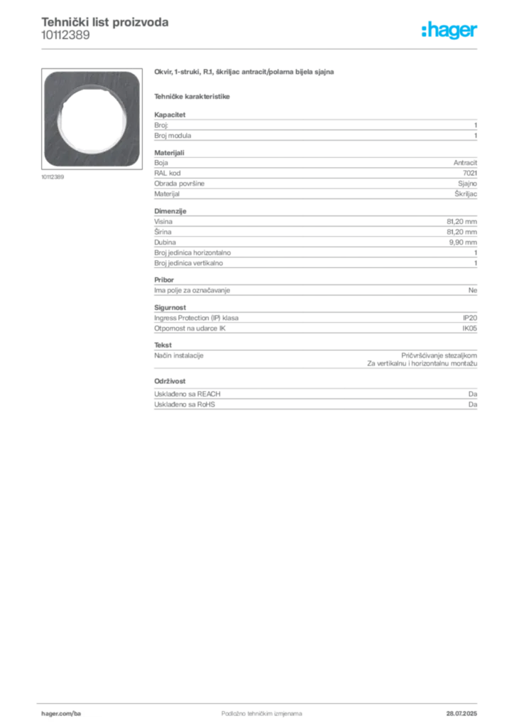 Slika Hager Product data sheet 10112389  | Hager