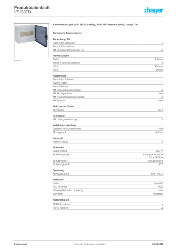 Bild Hager Produktdatenblatt VS108TD | Hager Deutschland