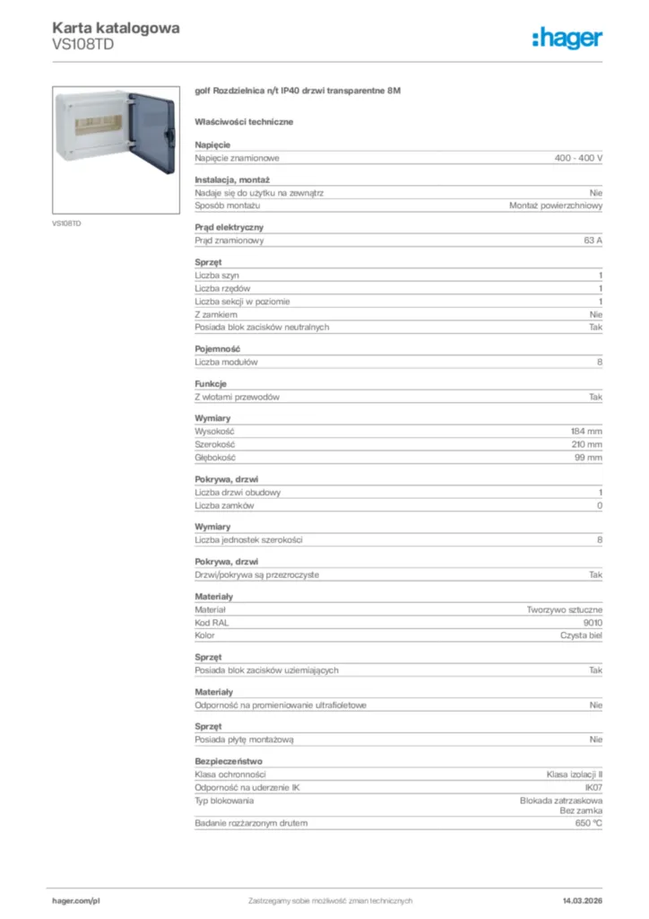 Zdjęcie Hager Karta katalogowa VS108TD | Hager Polska