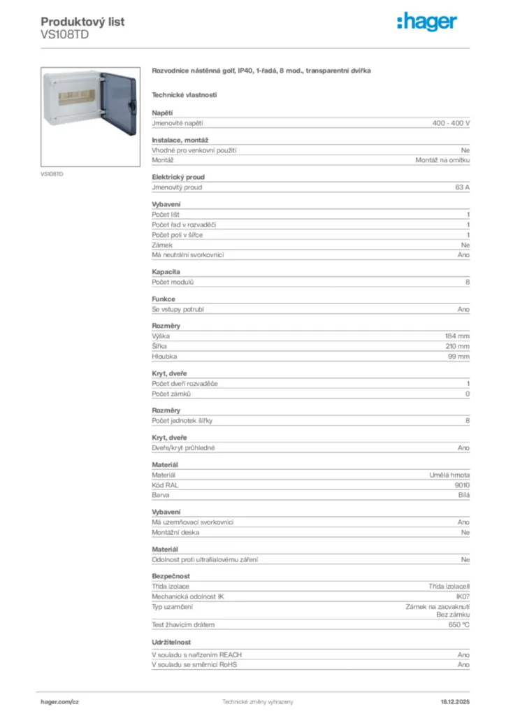 Obrázek Hager Produktový list VS108TD | Hager