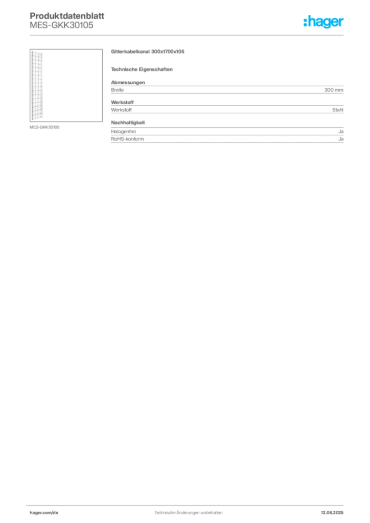 Bild Hager Produktdatenblatt MES-GKK30105 | Hager Deutschland