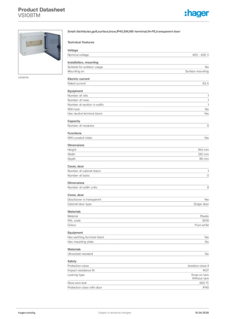 Image Hager Product data sheet VS108TM  | Hager