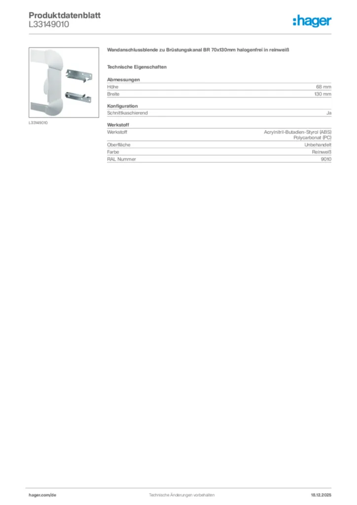 Bild Hager Produktdatenblatt L33149010 | Hager Deutschland