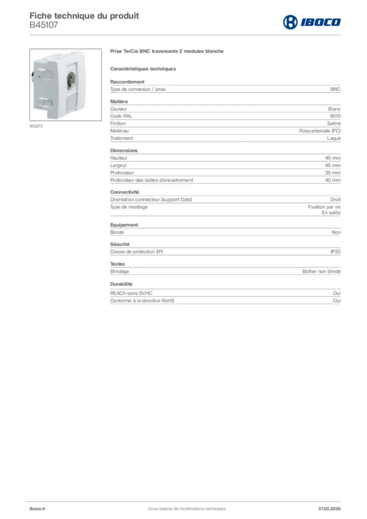 Image Iboco Fiche technique du produit B45107 | Hager France