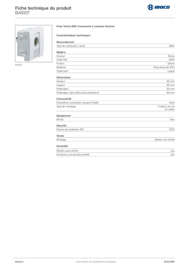 Image Iboco Fiche technique du produit B45107 | Hager France