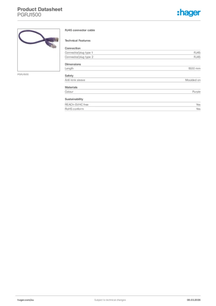 Image Hager Product data sheet PGRJ1500  | Hager Australia