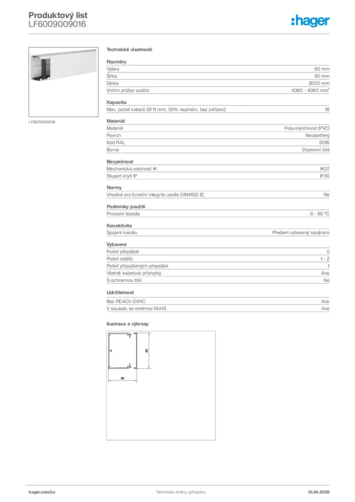 Obrázek Hager Product data sheet LF6009009016 | Hager
