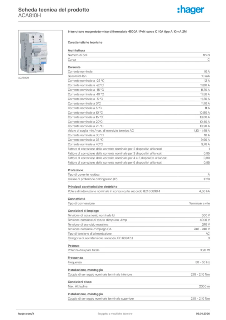Immagine Hager Scheda tecnica del prodotto ACA810H | Hager Italia