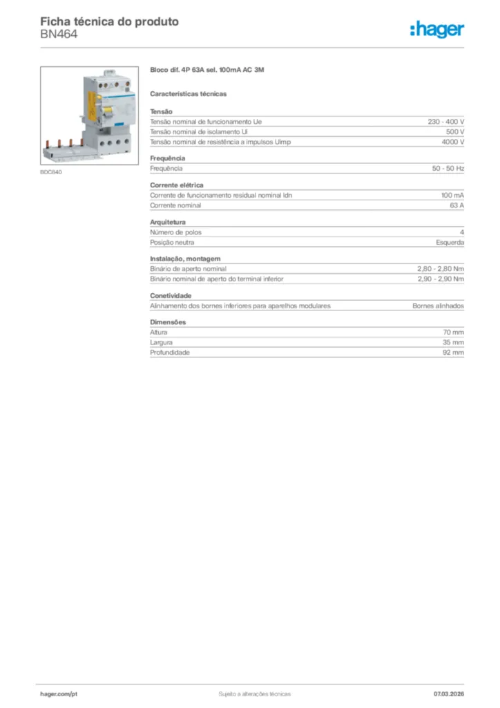 Imagem Hager Ficha técnica do produto BN464 | Hager Portugal