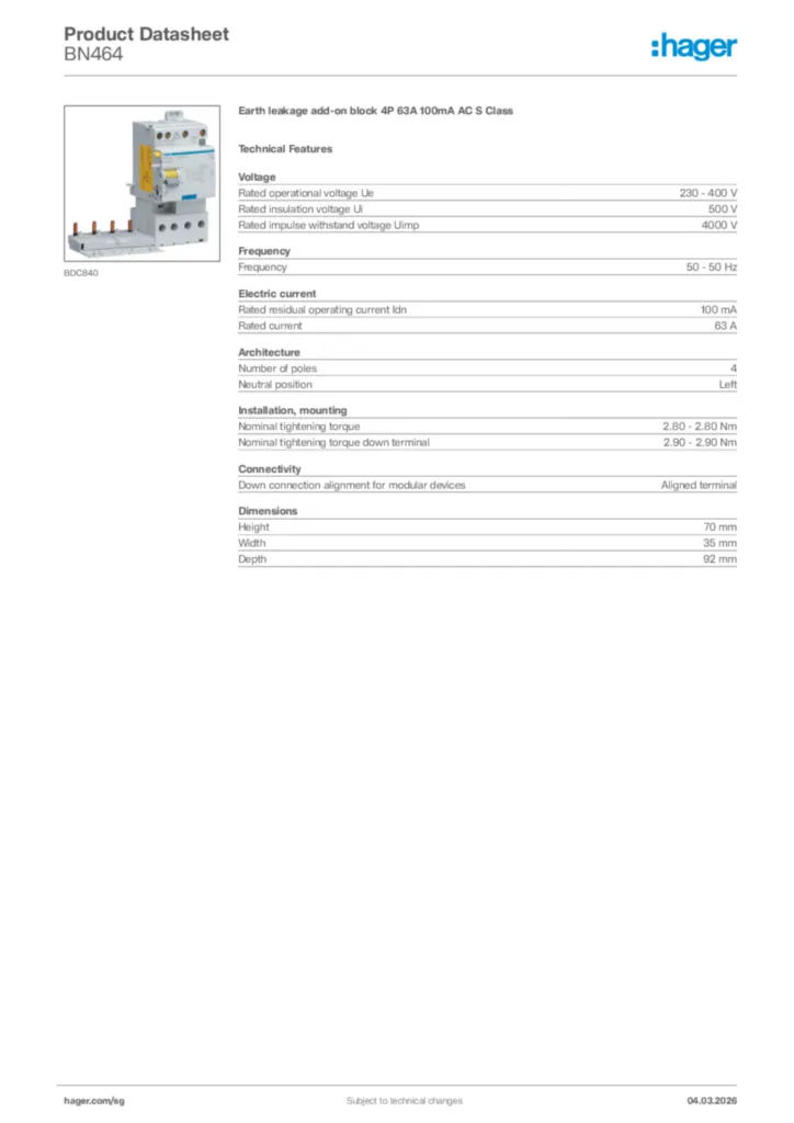 Image Hager Product data sheet BN464  | Hager