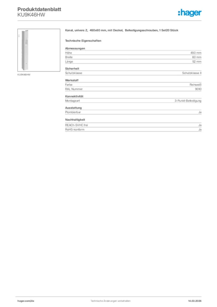Bild Hager Produktdatenblatt KU9K46HW | Hager Deutschland