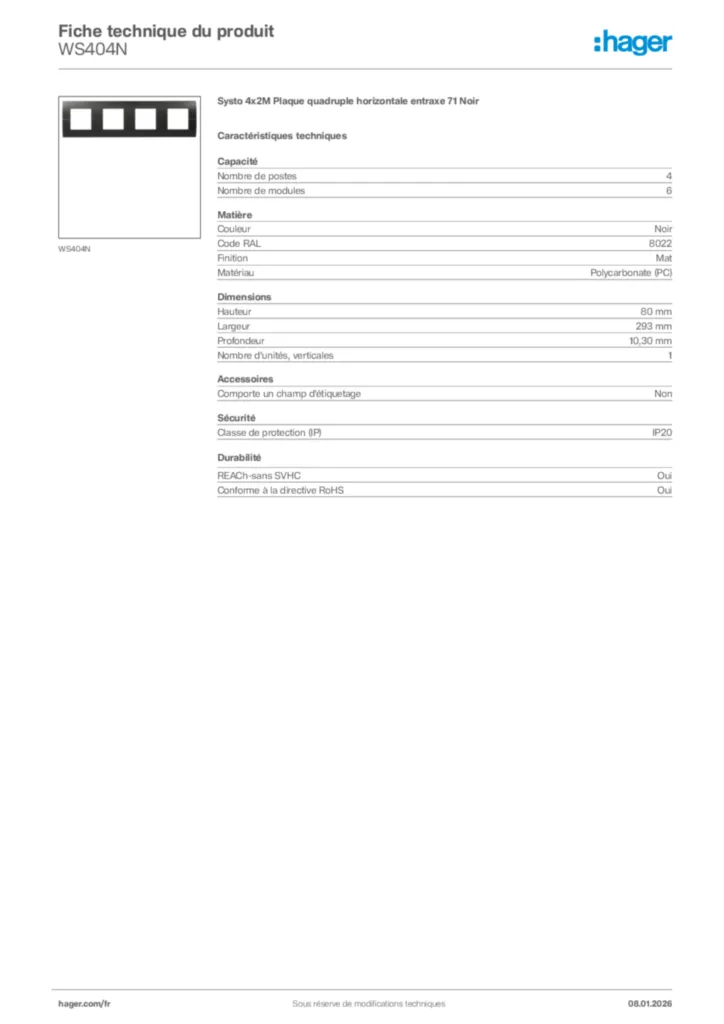 Image Hager Fiche technique du produit WS404N | Hager France