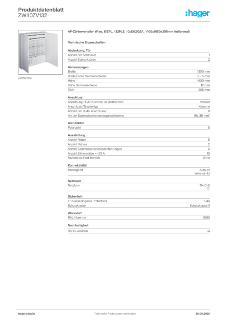 Bild Hager Produktdatenblatt ZWI10ZV132 | Hager Deutschland