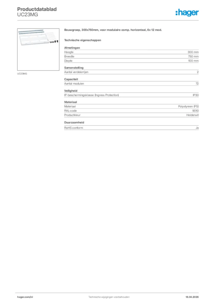 Afbeelding Hager Productdatablad UC23MG | Hager Nederland