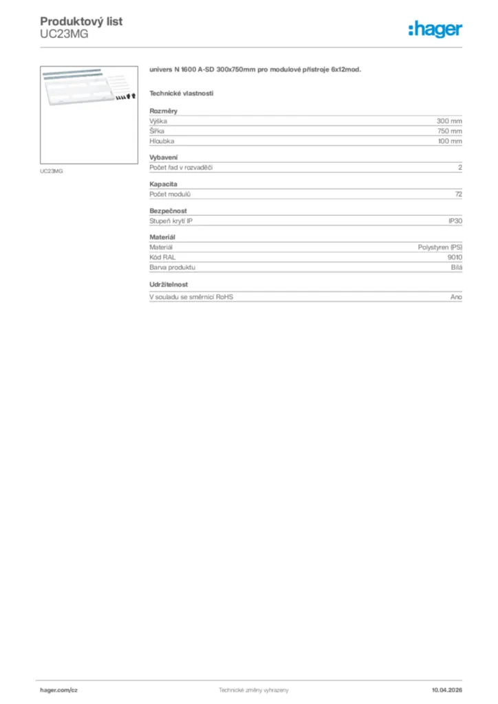 Obrázek Hager Product data sheet UC23MG | Hager