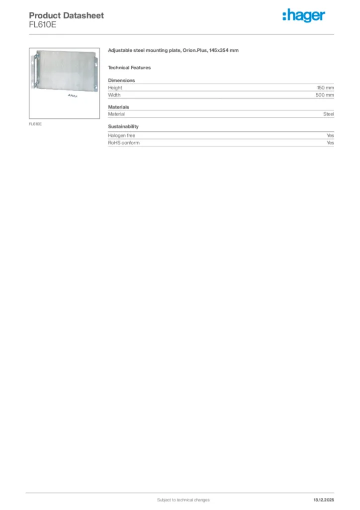 Image Hager Product data sheet FL610E  | Hager Africa