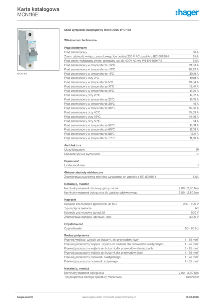 Zdjęcie Hager Karta katalogowa MCN116E | Hager Polska