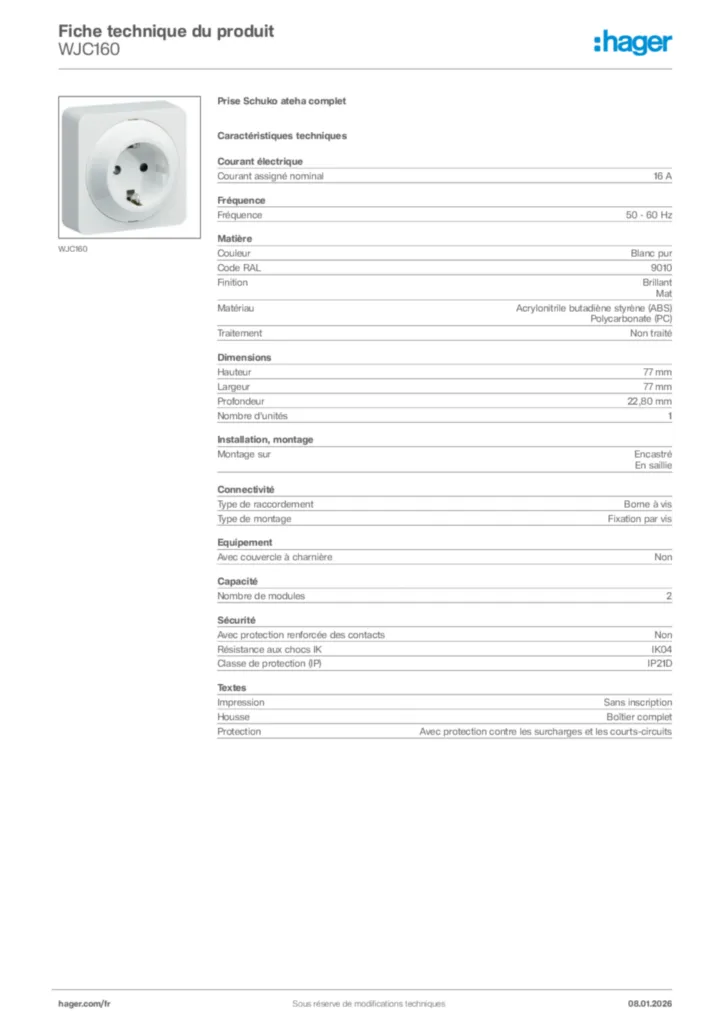 Image Hager Fiche technique du produit WJC160 | Hager France