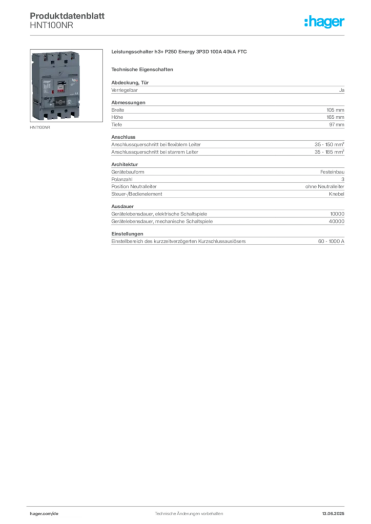 Bild Hager Produktdatenblatt HNT100NR | Hager Deutschland