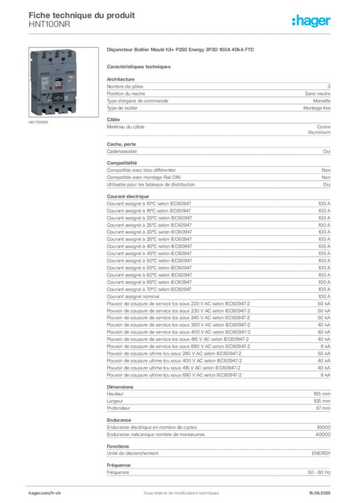 Image Hager Fiche technique du produit HNT100NR | Hager Suisse