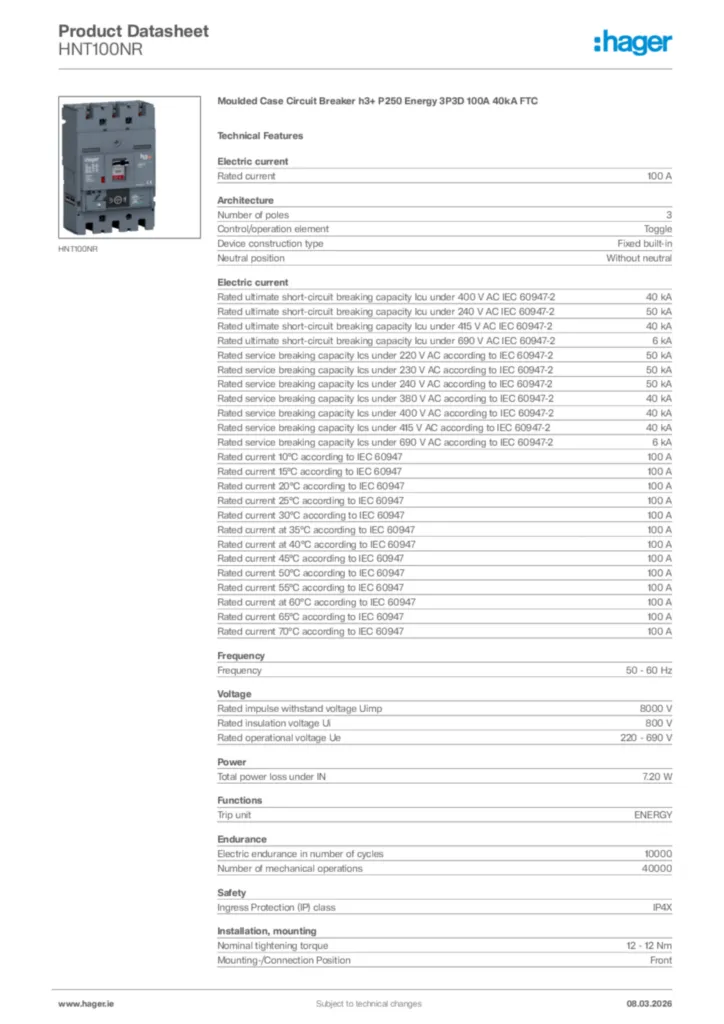 Image Hager Product data sheet HNT100NR  | Hager