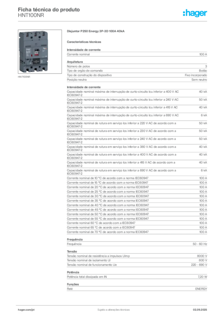 Imagem Hager Ficha técnica do produto HNT100NR | Hager Portugal