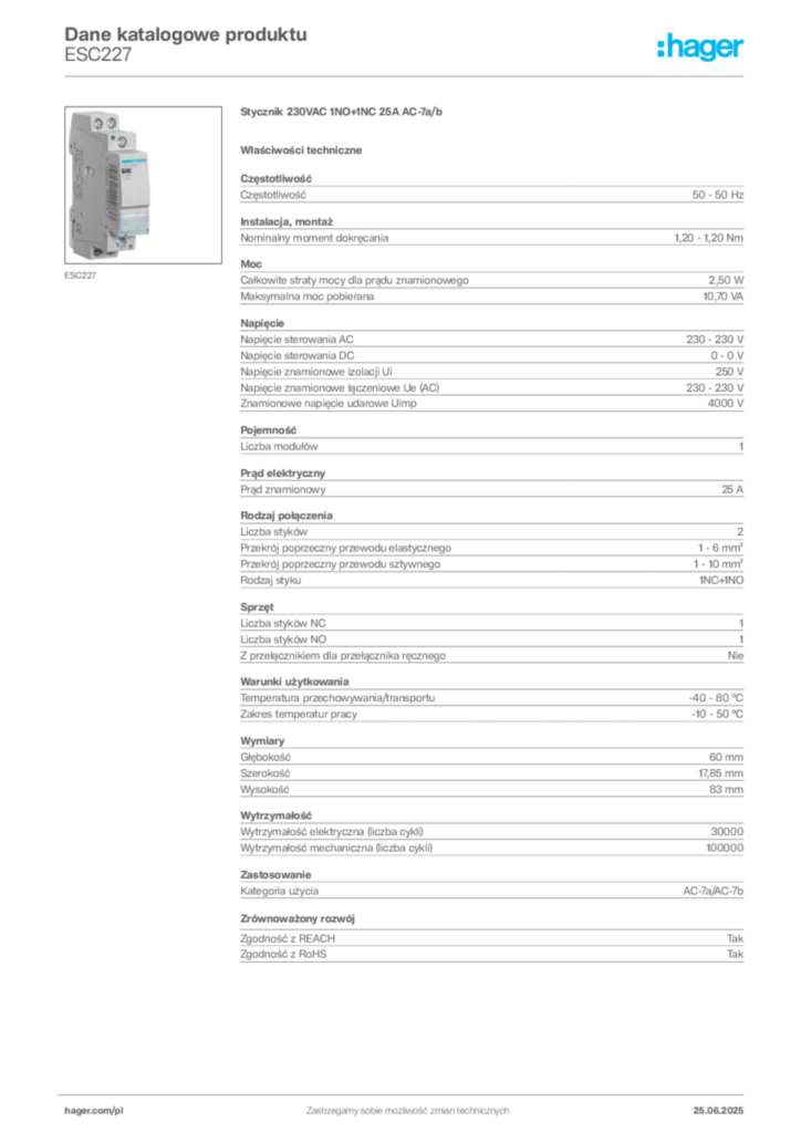 Zdjęcie Hager Karta katalogowa ESC227 | Hager Polska