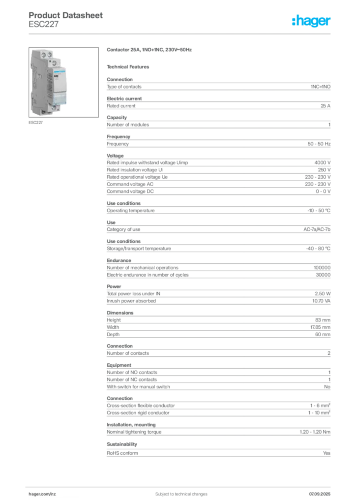 Image Hager Product data sheet ESC227  | Hager New Zealand