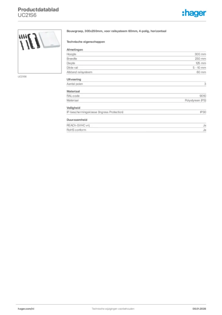 Afbeelding Hager Productdatablad UC21S6 | Hager Nederland