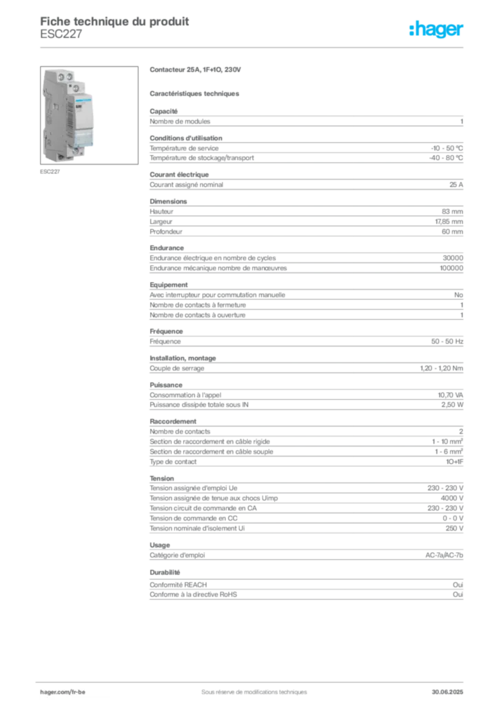 Image Hager Fiche technique du produit ESC227 | Hager Belgique