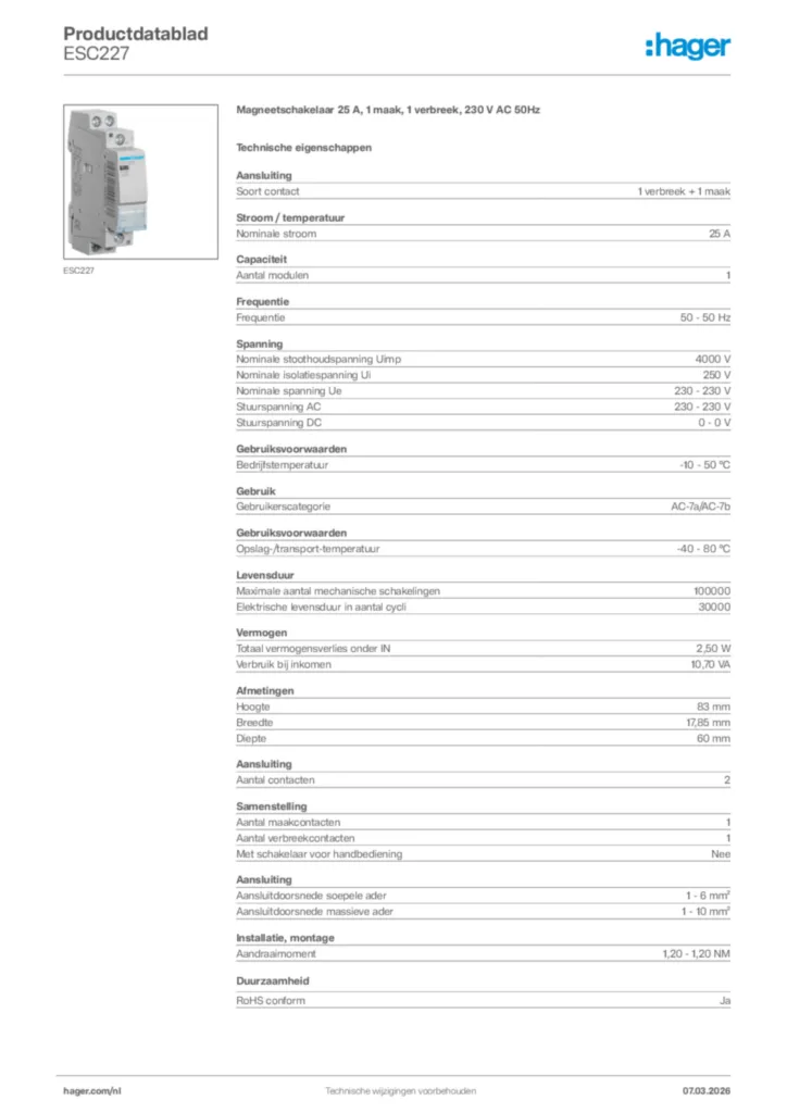 Afbeelding Hager Productdatablad ESC227 | Hager Nederland