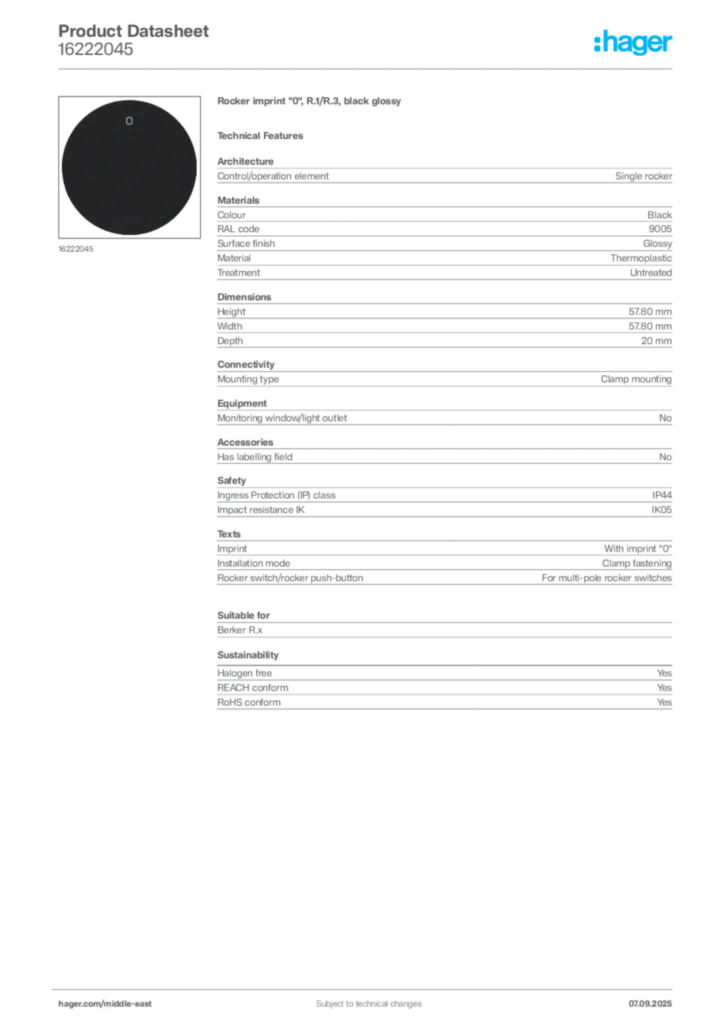 Image Hager Product data sheet 16222045  | Hager