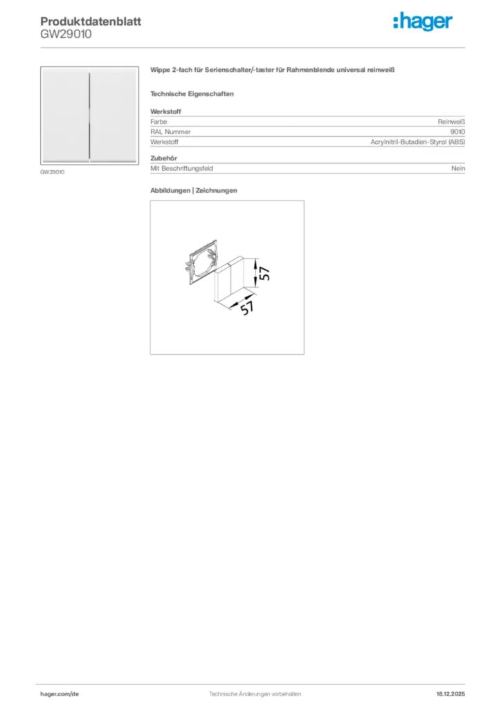 Bild Hager Produktdatenblatt GW29010 | Hager Deutschland