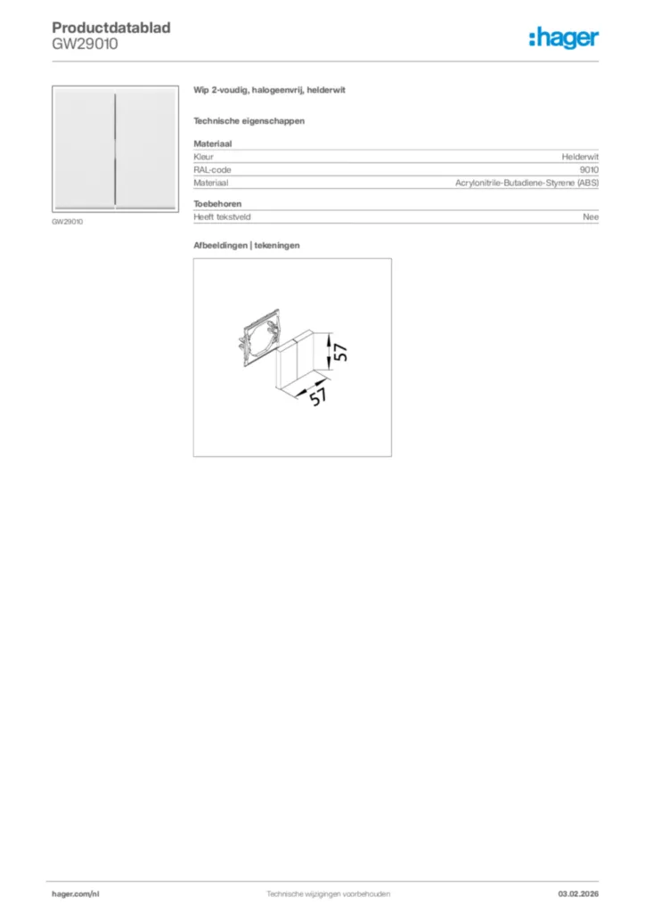 Afbeelding Hager Productdatablad GW29010 | Hager Nederland