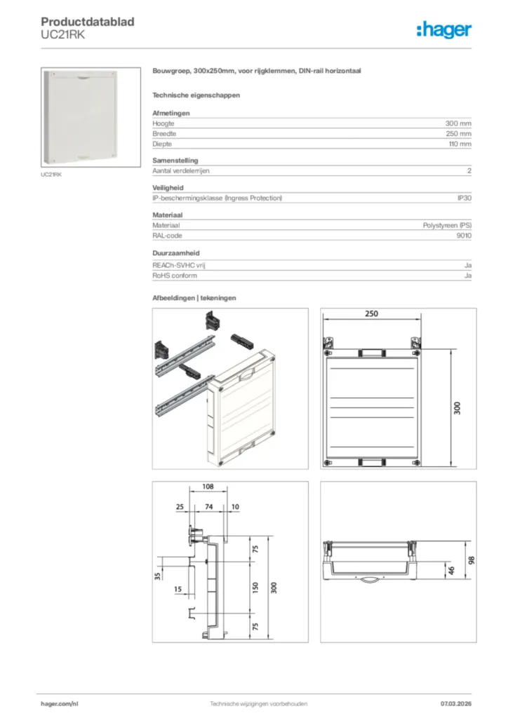 Afbeelding Hager Productdatablad UC21RK | Hager Nederland
