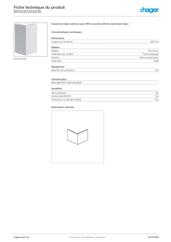 Image Hager Fiche technique du produit BRA1202A9016 | Hager Suisse