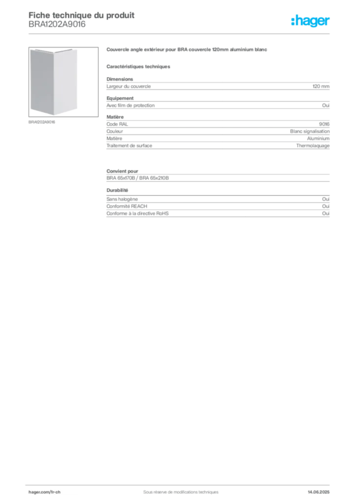 Image Hager Fiche technique du produit BRA1202A9016 | Hager Suisse