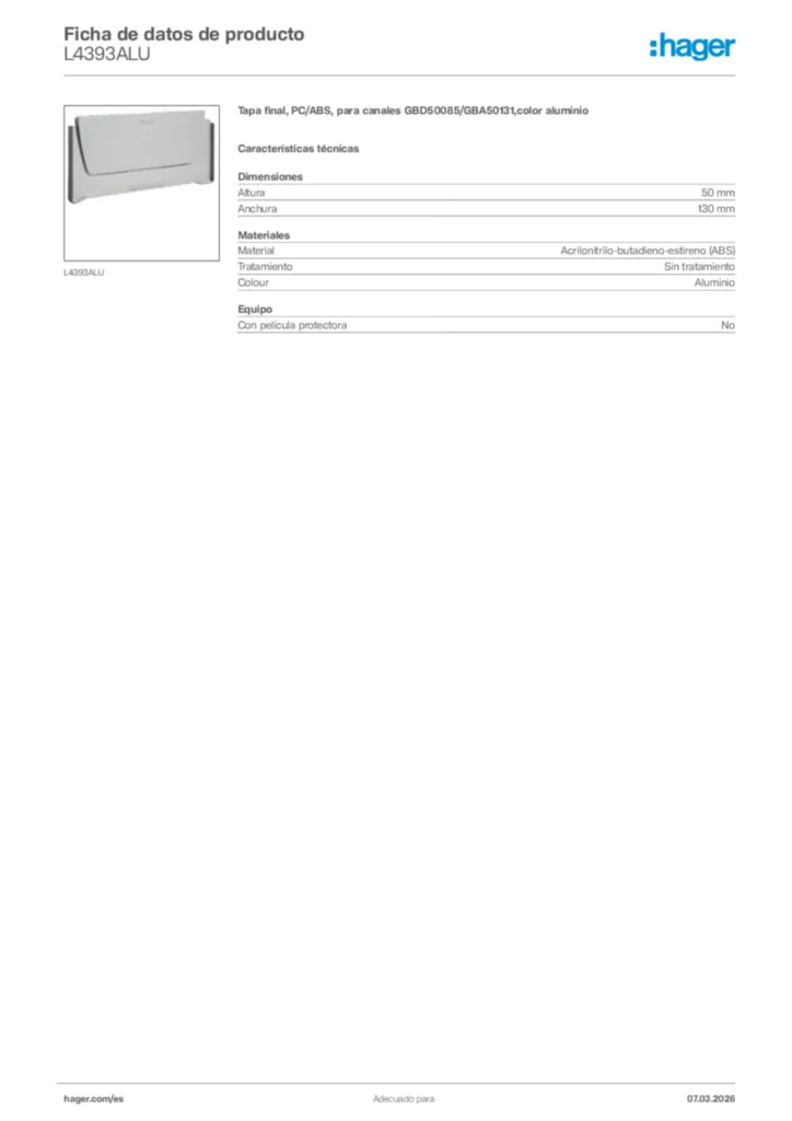 Imagen Hager Ficha de datos de producto L4393ALU | Hager España