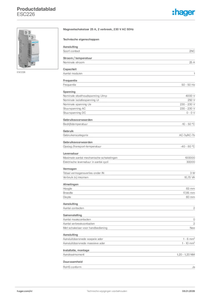 Afbeelding Hager Productdatablad ESC226 | Hager Nederland