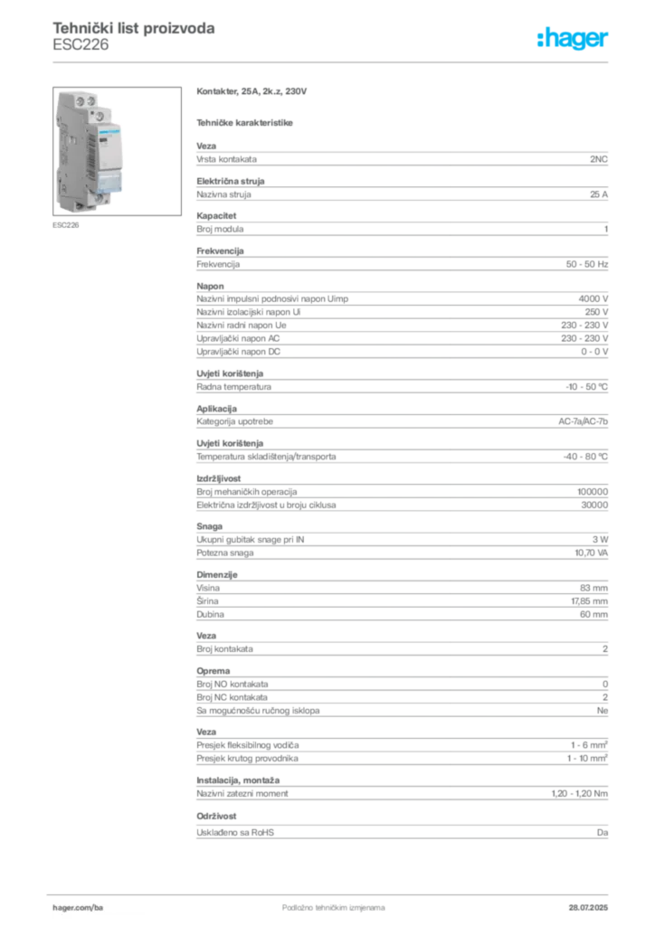 Slika Hager Product data sheet ESC226  | Hager